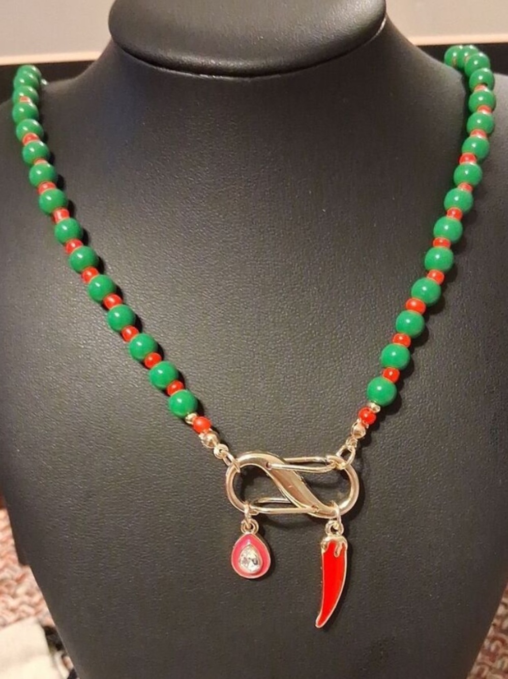 Mayamar Green and Red Beaded Charm Necklace (NWT)
